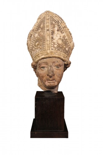 Early 16th C bishop’s head in limestone . From Southern France (Languedoc).