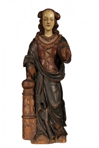 Sainte Barbe, statue en bois sculpté et polychrome -Travail Souabe époque XVIe