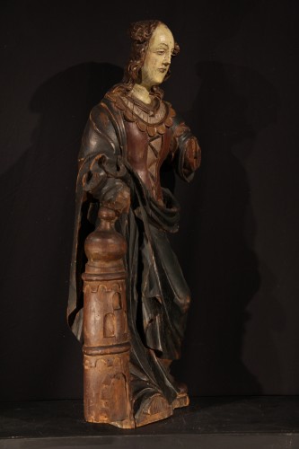 Sculpture Sculpture en Bois - Sainte Barbe, statue en bois sculpté et polychrome -Travail Souabe époque XVIe