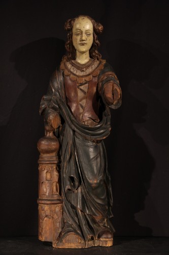 Sainte Barbe, statue en bois sculpté et polychrome -Travail Souabe époque XVIe - 