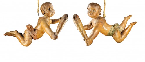 17th C pair of candle holders cherubs in polychrome wood. From Spain ?