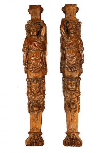 17th C French School Pair of carved walnut wood pilasters