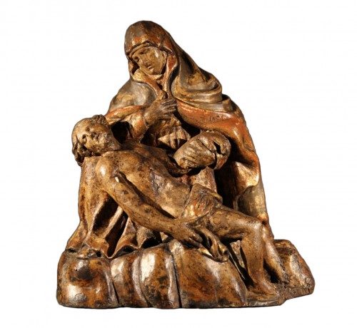 Late 16th C Virgin of Pity. Group in polychrome walnut wood