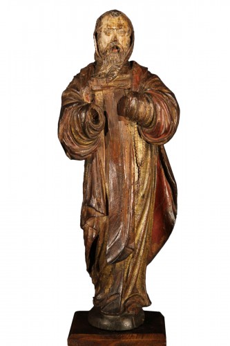 St Antoine le grand. Statuette en bois de noyer avec traces de dorure et polychromies