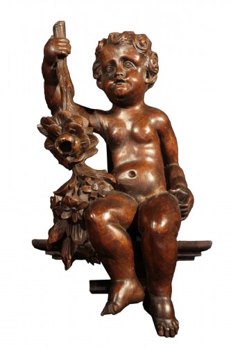 18th C Putto in carved walnut wood