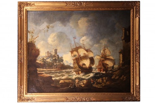 Oil on canvas.18th C Dutch school - Boats in strong wind in imaginary harbor