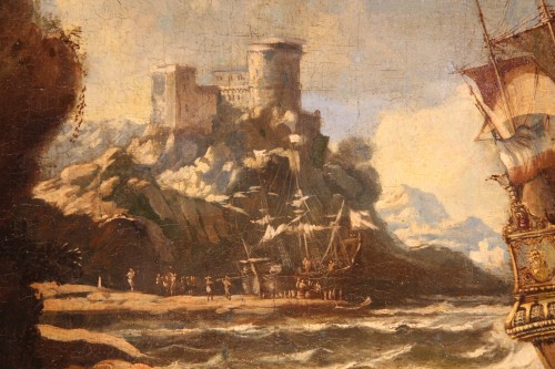 Ecole hollandaise du XVIIIe siècle -  Bateaux par vent fort dans port imaginaire. - Tableaux et dessins Style 