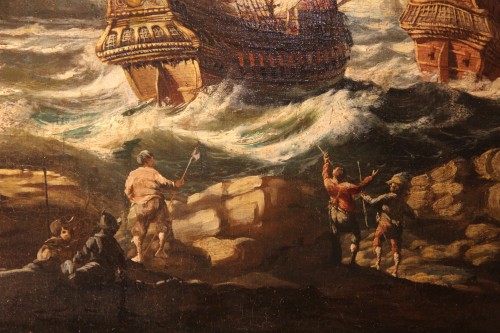 Tableaux et dessins Tableaux XVIIIe siècle - Ecole hollandaise du XVIIIe siècle -  Bateaux par vent fort dans port imaginaire.