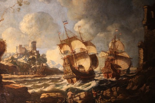 Oil on canvas.18th C Dutch school - Boats in strong wind in imaginary harbor - 