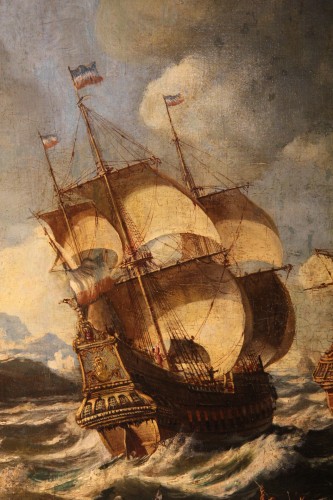 XVIIIe siècle - Ecole hollandaise du XVIIIe siècle -  Bateaux par vent fort dans port imaginaire.