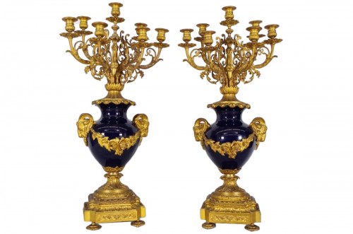 French Napoléon III bronze and porcelain candelabra