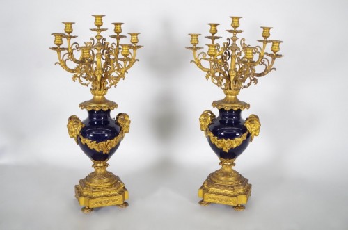 French Napoléon III bronze and porcelain candelabra - Lighting Style Napoléon III
