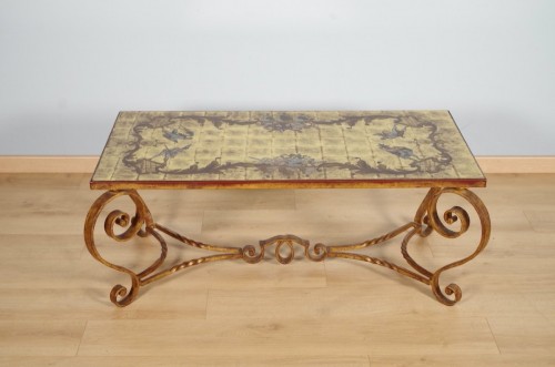 Table basse fer forgé verre églomisé Commedia dell'arte - Mobilier Style Années 50-60