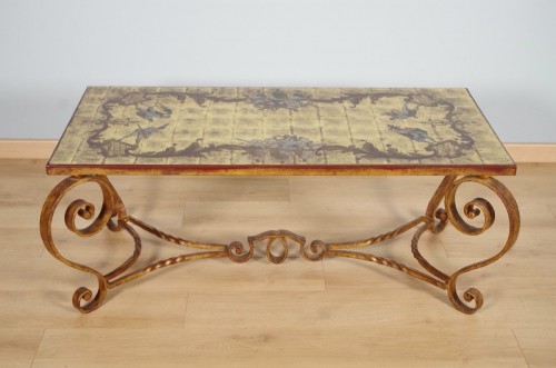Table basse fer forgé verre églomisé Commedia dell'arte - Antiquités Saint Jean