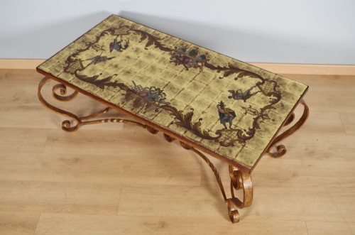 Table basse fer forgé verre églomisé Commedia dell'arte - Années 50-60