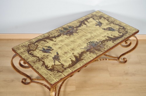 Antiquités - Table basse fer forgé verre églomisé Commedia dell'arte