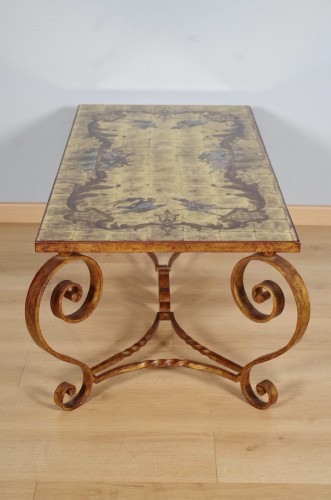 Antiquités - Table basse fer forgé verre églomisé Commedia dell'arte