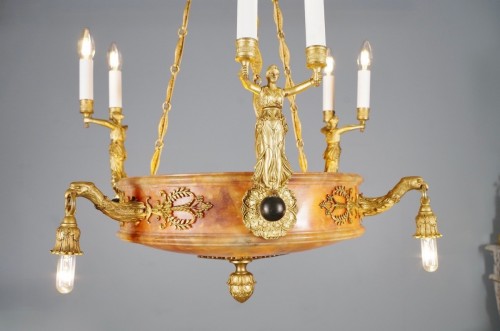 Lustre en bronze doré et albâtre - Art nouveau