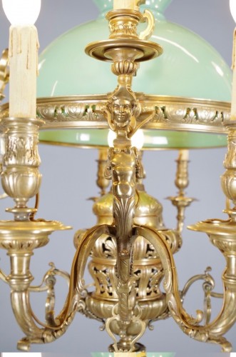 Antiquités - Suspension Napoléon III en bronze doré et opaline vers 1860