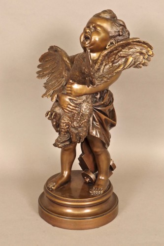 Sculpture Sculpture en Bronze - Bronze enfant au coq signé Cecioni (1838-1886)