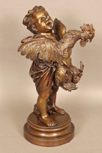 Bronze enfant au coq signé Cecioni (1838-1886) - Antiquités Saint Jean