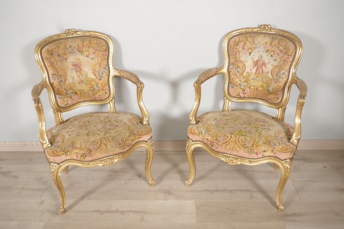 Fauteuils dorés fin 19e avec tapisserie petit point - Sièges Style Napoléon III