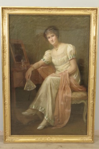 Suzanne HUREL (1876-1956) - Grand Pastel, élégante à l'éventail - Tableaux et dessins Style 