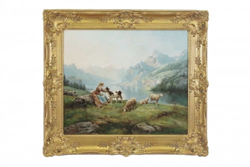 Théodore Lévigne (1848-1912). - Bergère et moutons en montagne