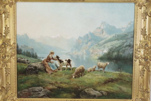 Théodore Lévigne (1848-1912). - Bergère et moutons en montagne - Tableaux et dessins Style 