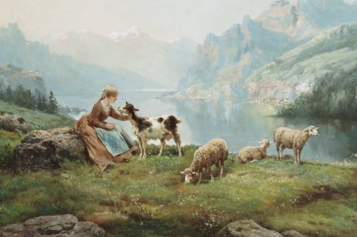 Tableaux et dessins Tableaux XIXe siècle - Théodore Lévigne (1848-1912). - Bergère et moutons en montagne