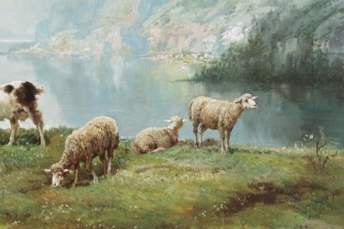 Théodore Lévigne (1848-1912). - Bergère et moutons en montagne - 
