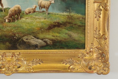 Antiquités - Théodore Lévigne (1848-1912). - Bergère et moutons en montagne