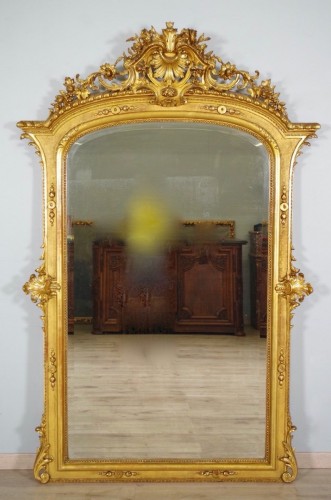 Important miroir en bois et stuc doré vers 1880 - Miroirs, Trumeaux Style Napoléon III