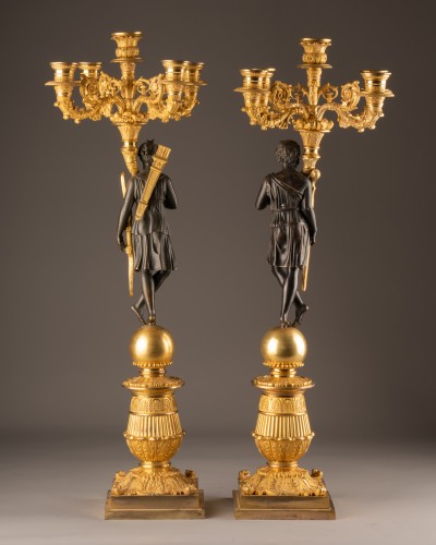 Lighting  - Pair of candelabras in patinated and gilt bronze Empire period