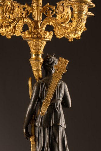 Antiquités - Paire de candélabres en bronze patiné et doré Epoque Empire