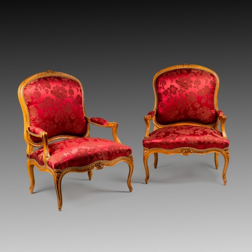 Louis XV - Paire de fauteuils à la Reine d'époque Louis XV estampillée C.L Burgat