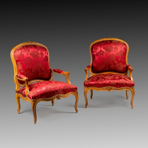Louis XV - Paire de fauteuils à la Reine d'époque Louis XV estampillée C.L Burgat