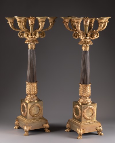 Paire de candélabres en bronze patiné et doré Epoque Empire - Luminaires Style Empire