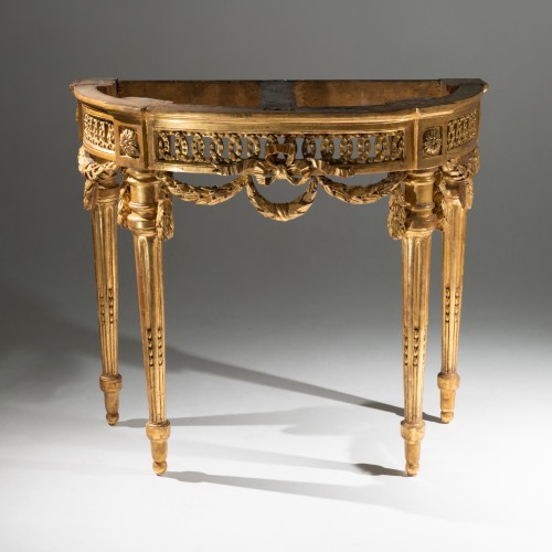 Antiquités - Console demi-lune en bois doré d'époque Louis XVI