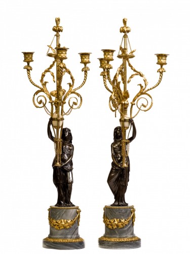 Pair of Louis XVI gilt and patinated bronze candelabras