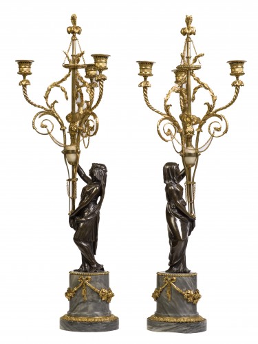 Lighting  - Pair of Louis XVI gilt and patinated bronze candelabras