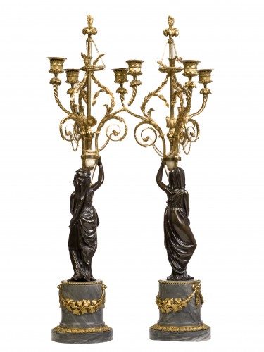 Pair of Louis XVI gilt and patinated bronze candelabras - 