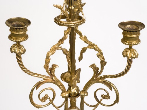 Antiquités - Paire de candélabres Louis XVI en bronze patiné et doré
