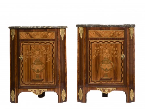Pair of Louis XVI veneered corner cabinets