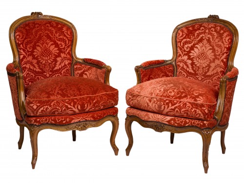 Paire de bergères en noyer Epoque Louis XV - Sièges Style Louis XV