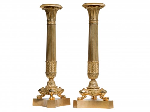 Paire de bougeoirs en bronze doré époque Restauration - Luminaires Style Restauration - Charles X