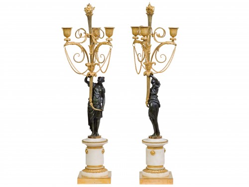 Paire de candélabres en bronze patiné et doré époque Louis XVI - Christophe Havas