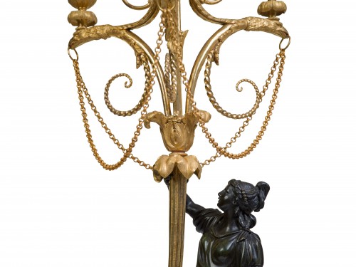 Louis XVI - Paire de candélabres en bronze patiné et doré époque Louis XVI