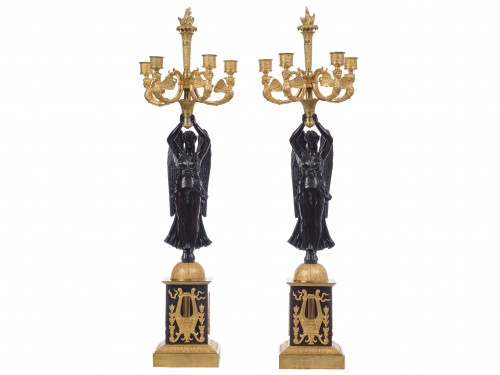 Paire de candélabres en bronze patiné et doré  Epoque Empire