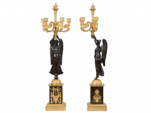 Luminaires Bougeoirs et Chandeliers - Paire de candélabres en bronze patiné et doré  Epoque Empire